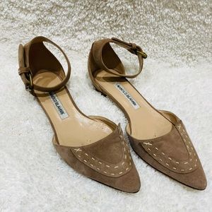 Manolo Blahnik tan suede flat shoe, ankle strap and cream stitching